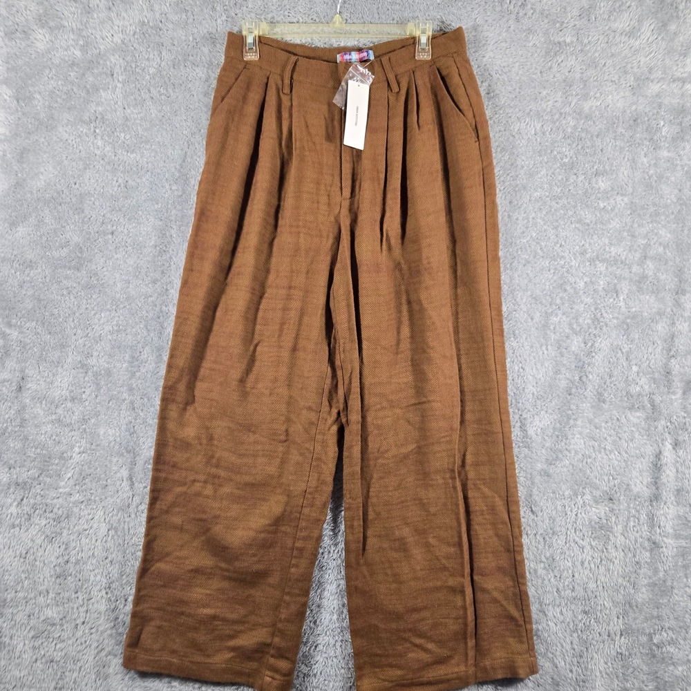 Urban Outfitters Brown Herringbone Pleated Wide Leg Cotton Pants Medium NWT